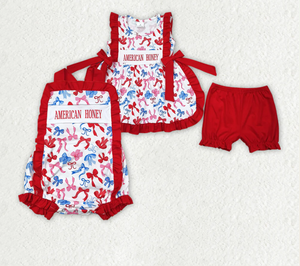 Tenues de bébé pour sœurs jumelles, barboteuses American Honey Bows pour le 4 juillet - Product Image 1