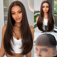 Perruque synthétique Yaki lisse Lace Front 13x4 résistante à la chaleur brune pour femme vente en gros