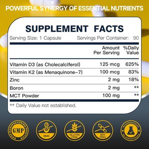 Oem ויטמין d3 + k2 תוספת 125mcg d3 100mcg k2 MK-7 קפסולות עם אבץ, בורון mct חוזק עצם, לב תמיכה חיסונית לב - Product Image 2