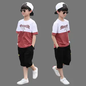 2024 Summer Wholesale Cheap Big Children Clothing Short Sleeve Letter Patchwork T Shirt Shorts 2Pcs Boys Kids Clothes