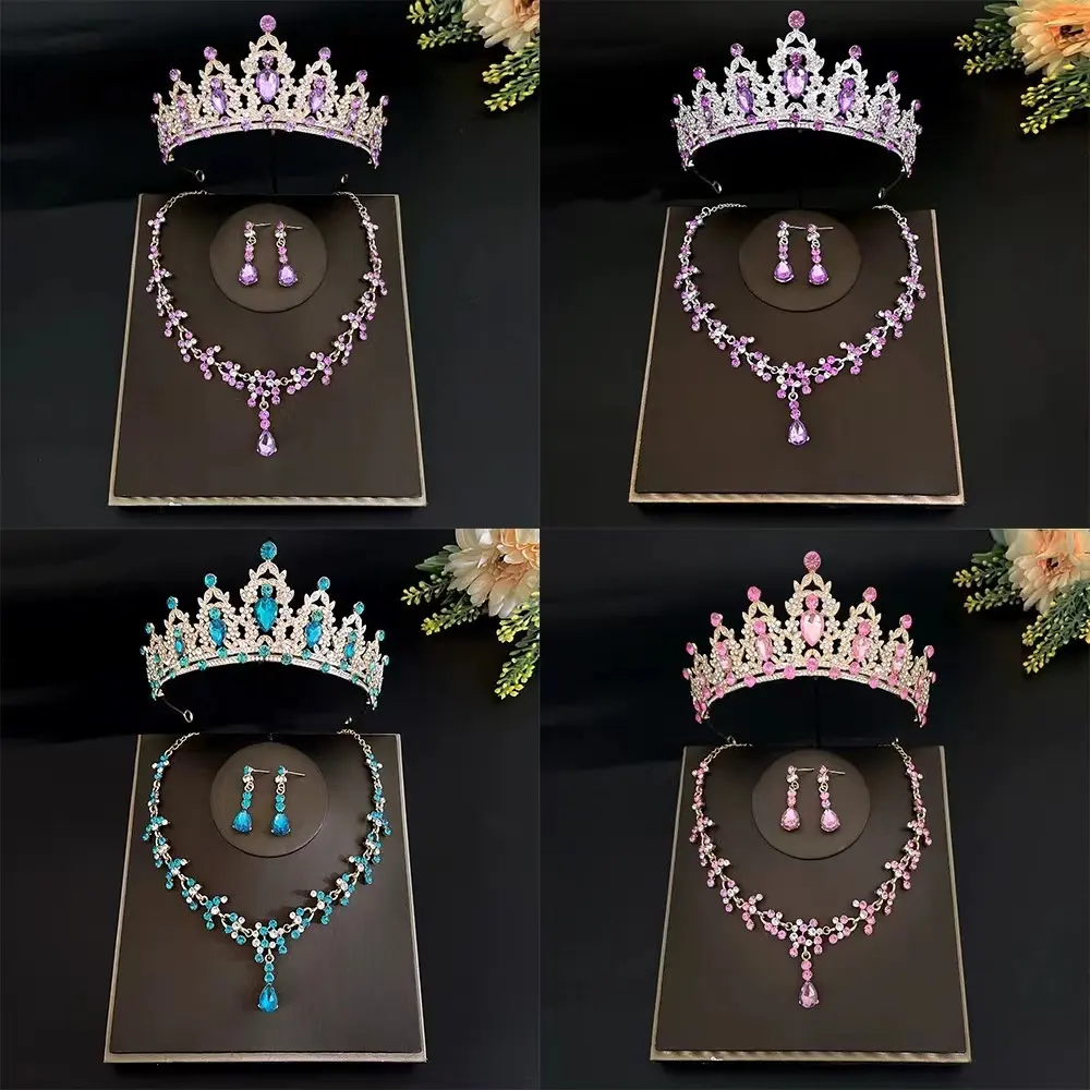 Princess Crystal Pink Blue Crown Tiara for Bridal Wedding Girl tiaras Necklace Hair Accessories Jewelry Set For Prom Party