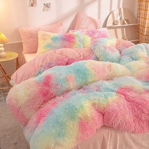 Juego de cama de edredón de piel sintética de visón arcoíris, felpa esponjosa de terciopelo colorido con función plegada, incluye sábanas ajustables - Product Image 1