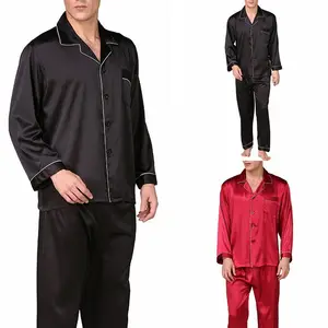 Pijamas masculinos personalizados, pijamas de cetim para homens, mangas compridas, conjunto de roupas de dormir de seda, estilo moderno, macio, apertado, tamanho grande