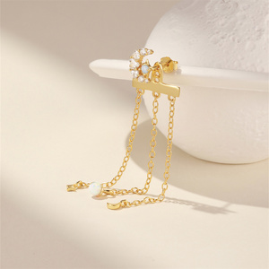 CANNER S925 Sterling <b>Silver</b> 18K Gold Plated Single Moon Star Multi <b>Chain</b> Drop <b>Earrings</b> Celestial Bohemian Dangle - Product Image 2