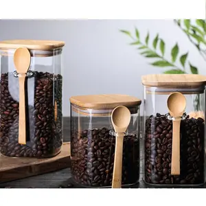 Hot Seller Separation Food Container Set Coffee Dry Food Glass Storage Container With Bamboo Lid and Spoon