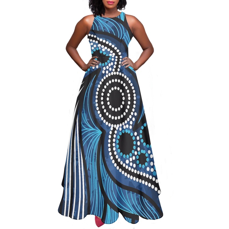 Original Australia Aboriginal Dot Print Ladies A-Line Floral Printed  Sleeveless Retro Dresses Blue Whale Customized Maxi Dress