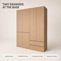 Armoire en bois finition chêne clair, porte à charnières sans poignée avec 2 tiroirs, style nordique, placard de chambre sur mesure, du sol au plafond