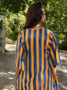 Ensemble coordonné anti-adhérent rayé bleu et orange pour femmes |   Ensemble décontracté deux pièces - Product Image 4