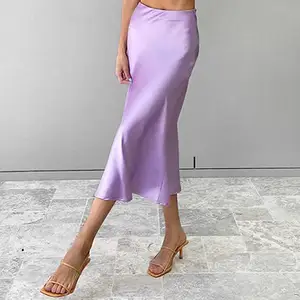 Long Skirt New Elegant Ladies Office Skirts Midi Spring Purple Satin Silk Skirt