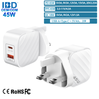 Chargeur mural super rapide GaN 45W USB Type-C double port pliable PD 3.0 QC pour téléphone portable, ordinateur portable et appareil photo