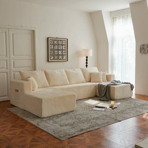Modern Cloud Sectional Couch, Beige Corduroy Compressed <b>Sofa</b> with L-Shape Chaise for Living Room Apartment - Product Image 3