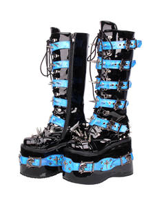 <span class=keywords><strong>Stivali</strong></span> Gotici da <span class=keywords><strong>Donna</strong></span> con Plateau in Pelle Verniciata Nera con Borchie <span class=keywords><strong>Blu</strong></span> e Fibbie a Punta <span class=keywords><strong>Stivali</strong></span> Punk a Metà Polpaccio - Product Image 2