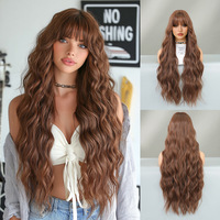 Perruque en soie domestique de style ondulé avec frange, cheveux bouclés extra longs de 32 pouces, brun abricot, pour femmes, fabriquée à la machine, naturelle et volumineuse