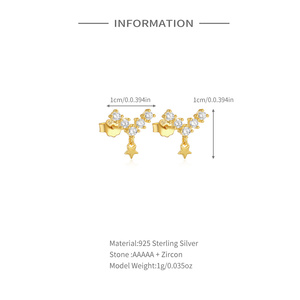 ROXI Boucles d'oreilles en argent sterling 925 en forme de V entièrement incrustées de zircon, petites étoiles mignonnes, pour femmes, clous d'oreilles S925 - Product Image 2