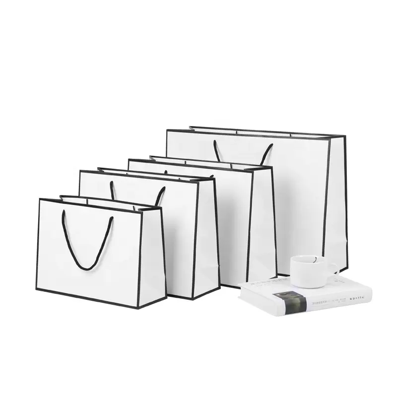 Elegant Customized Brand Logo White Paper Gift Bags white bag with black trim