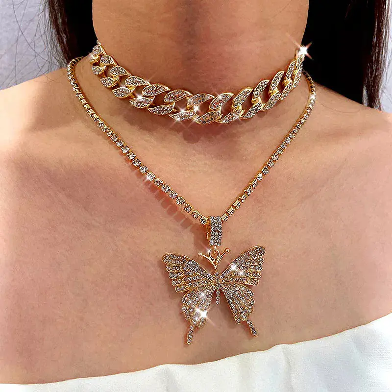 Full Diamond Butterfly Large Pendant Necklace Multilayer Necklace Cuba Double Layer Retro Clavicle Chain Necklace