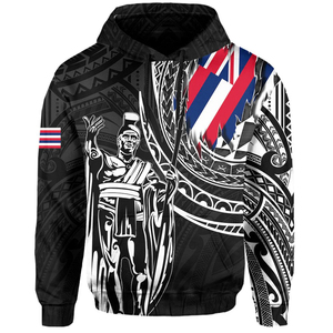 Felpa con Cappuccio da Uomo con Stampa Hawaiana Integrale, Motivo Tribale Polinesiano, Bandiera Hawaiana, Design con Figure Reali, Bianco e Nero Culturale - Product Image 2