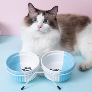 Bol double en céramique pour chats et chiens, avec support, plat de nourriture surélevé, mangeoire pour animaux de compagnie, forme arrondie, support pour le cou - Product Image 3
