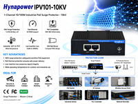 Protecteur de surtension PoE industriel OEM/ODM 1 port 10/100M 10KV DIN-Rail -40 à 75°C ℃   CE FCC pour CCTV/AP sans fil Hynapower IPV101-10KV