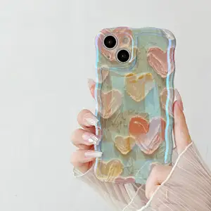 Capa fofa para o iPhone, flor retrô colorida com pintura a óleo estampada borda ondulada fofa e elegante
