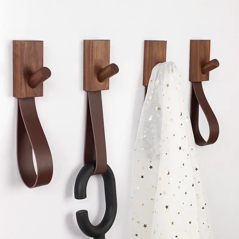 Custom walnut Wall Wooden Coat Hooks with leather Clothes Handbag Hanger for Hallway Entryway Living Room Vintage Clothing