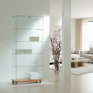 Vitrina Moderna de Vidrio 80x40x180cm con Puertas Abatibles con Cerradura, 4 Estantes, Base de Madera de Cerezo sobre Ruedas - Product Image 3