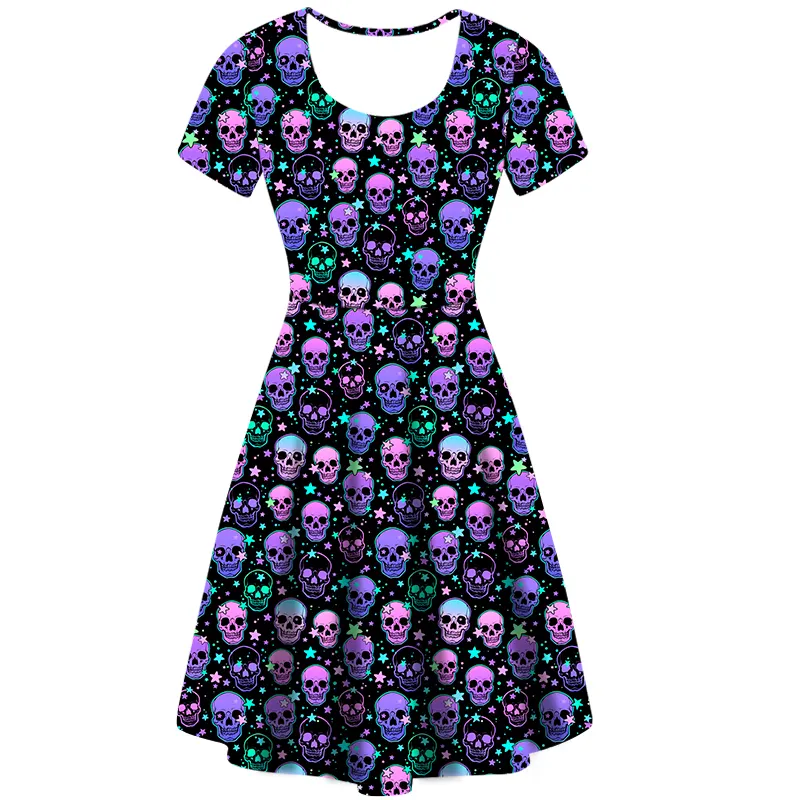 Toptan moda çin Trendy cadılar bayramı yıldız kafatası baskılı kısa kollu elbise Casual O boyun bahar yaz kadın elbise