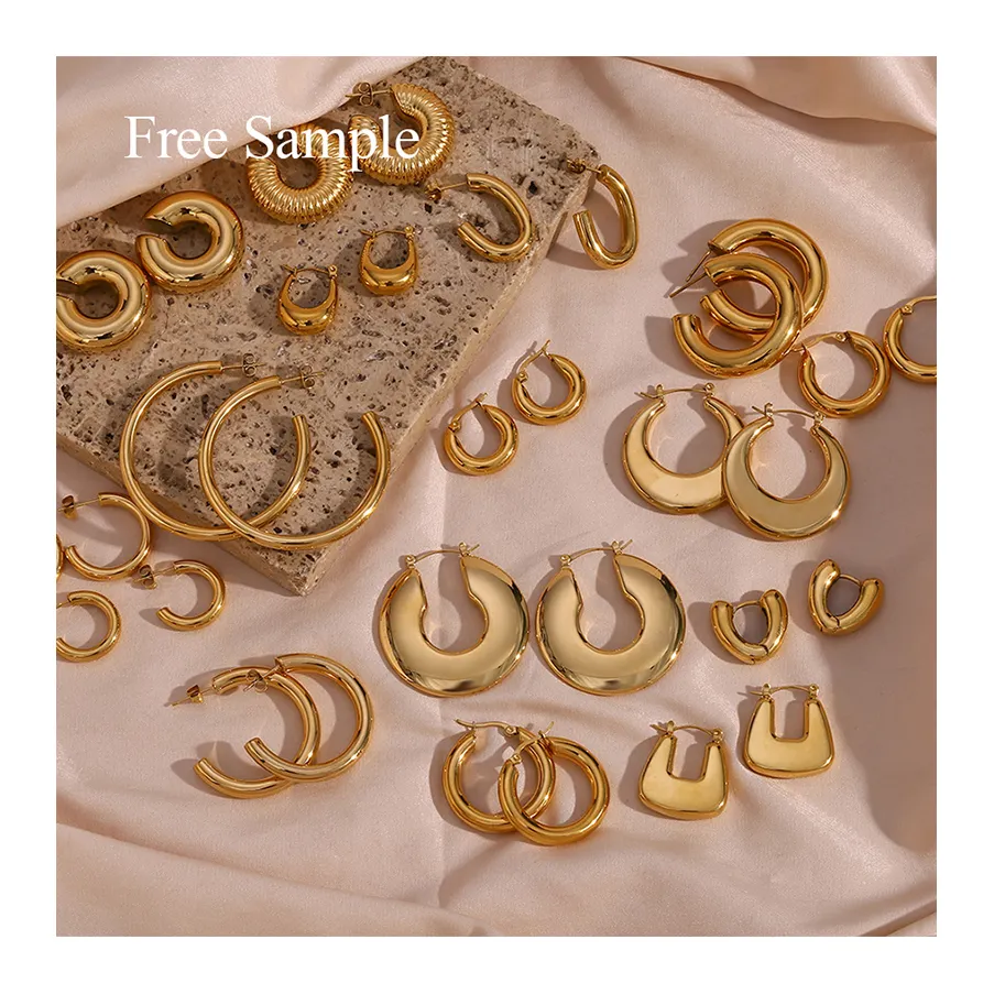 Stainless Steel Hoop Earring Set Jewelry 14K 18K Gold Plated Stainless Steel Geometric CC Gold Chunky Hoop Earrings For Women