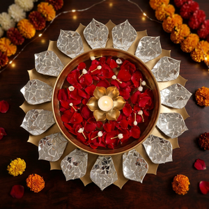 Metal Leaf Diya Urli Bowl With Crystal Decoration Tea Light Holder Urli Diwali and Other Candle Holders Lanterns for Home Decor - Product Image 6