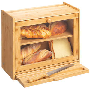 Factory Wholesale Clear Front Window 2 Tier Extra Large Kitchen Storage Bread Box with Cutting Board and Knife
