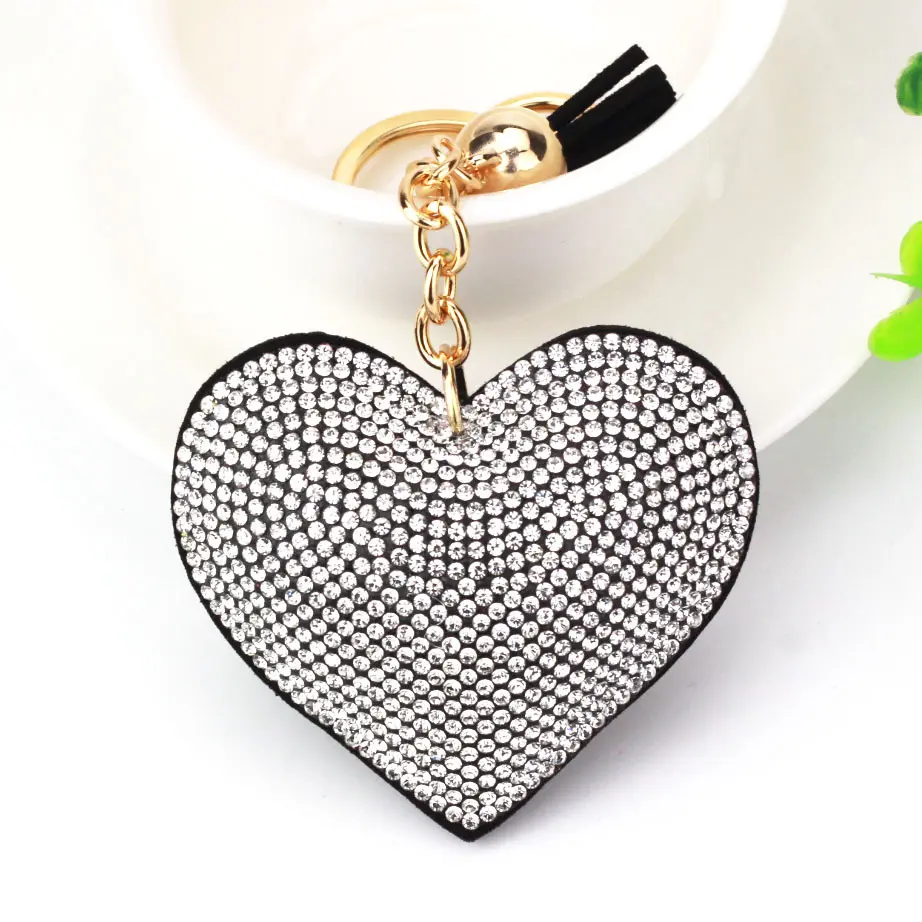 Wholesale heart shape rhinestone leather key chains tassel key chain pendant flannel bling sparkling keychain