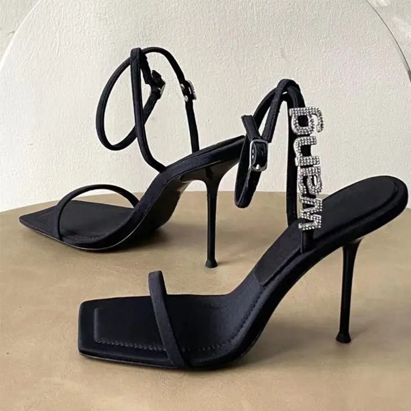 TX new arrive square high heel alphabet diamond black women's sandals shoes