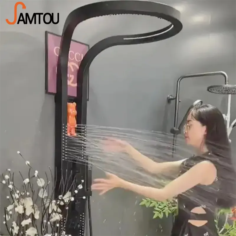 Tiktok Tendance Conception Populaire Pluie Cascade Pommeau De Douche Noir Argent Brossé Mur Monté Arroseur De Pluie Ensemble De Douche Panneau