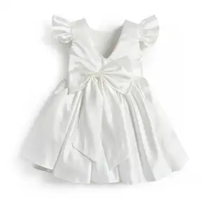 New Baby Girls White Satin Dress Flower Girl Wedding Ball Vestidos com arco Kids Birthday Baptism Party Dresses