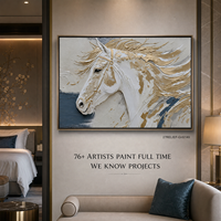Peinture artisanale en relief impasto tête de cheval en or blanc, portrait, pour hôtel de luxe, grand hall, pilier, accent mural, sur mesure, en gros