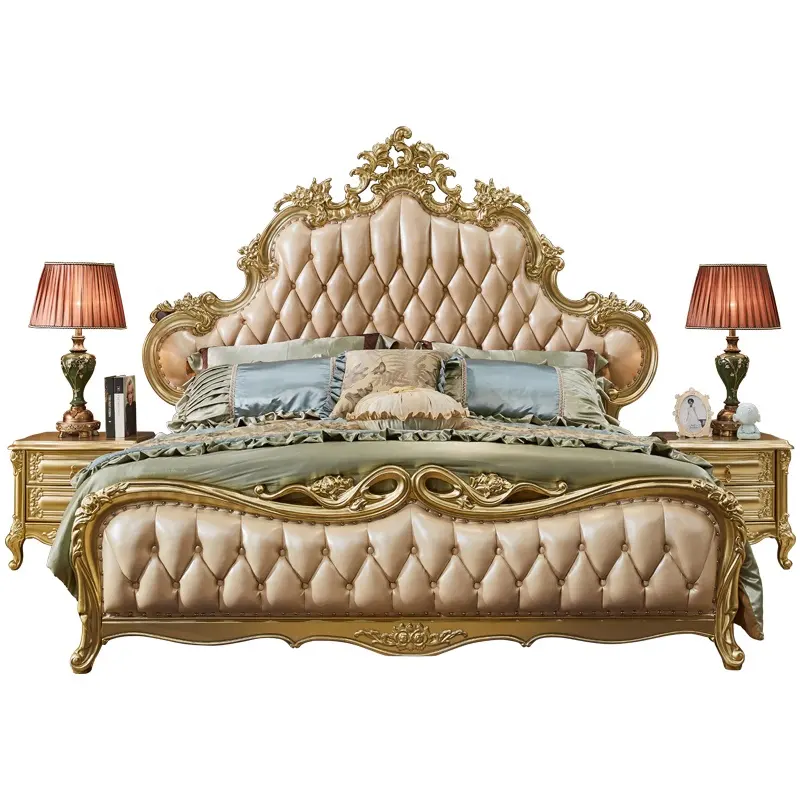 Uxury-Juego de cama de cuero antiguo para dormitorio, muebles de madera maciza con cuero genuino