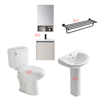 Ensemble complet de salle de bain pour la maison, design Asie du Sud-Est des Philippines, comprenant WC deux pièces, meuble sous-vasque en PVC, vasque sur colonne et porte-serviettes