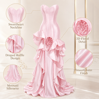 Robe de soirée sirène rose sans bretelles pour femme, avec corset cœur et volants floraux 3D, idéale pour invitées de mariage, galas et tenues de cérémonie - Vente en gros