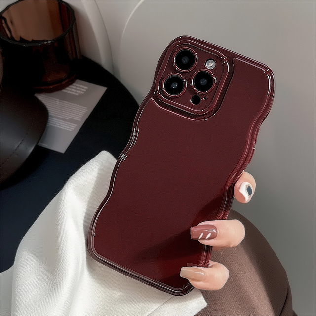 Wavy Edge Solid Color Vintage Burgundy Phone Case For Iphone 11 12 13 14 15 Pro Max Plus Phone Case