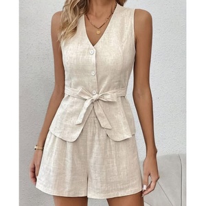 Custom Commuter Style Casual Sleeveless <b>Linen</b> <b>Sets</b> for Women 2 Piece V-Neck Vest Elastic Ladies Shorts and Top <b>Set</b> - Product Image 1