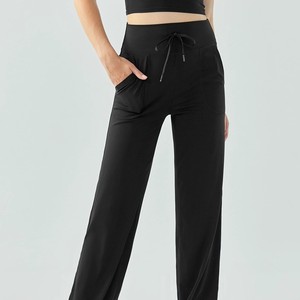 Pantalon de sport à jambes larges, taille haute, respirant, en tricot, pour femmes - Product Image 3