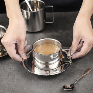 Taza de Café Elegante P-27 con Platillo y Cuchara, Acero Inoxidable 304, Taza para Espresso, Leche, Cappuccino, para Té de la Tarde, Camping, Cafetería - Product Image 5