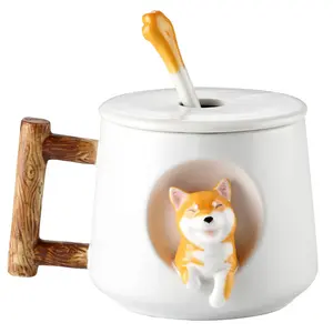 HY Keramik Kaffeetasse mit Deckel Löffel Haushalt Paar Männer und Frauen Kaffeetasse Shiba Inu Tasse Geschenk Kaffee Keramik Tasse