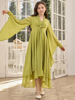 Nouvelle Abaya Longue pour Filles Musulmanes, Couleur Unie, avec Détail à Nouer à l'Avant, Manches Évasées, Olive, Vêtements Islamiques pour Enfants
