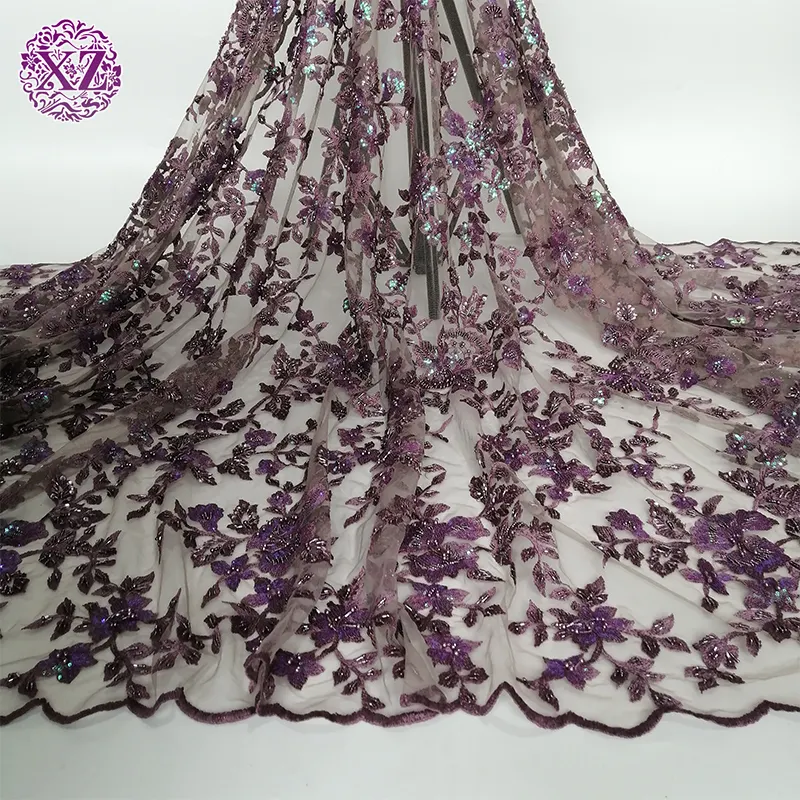 Nuova vendita calda 2023 Design di lusso Tulle da sposa ricamo fatto a mano tessuto di pizzo pesante con perline viola