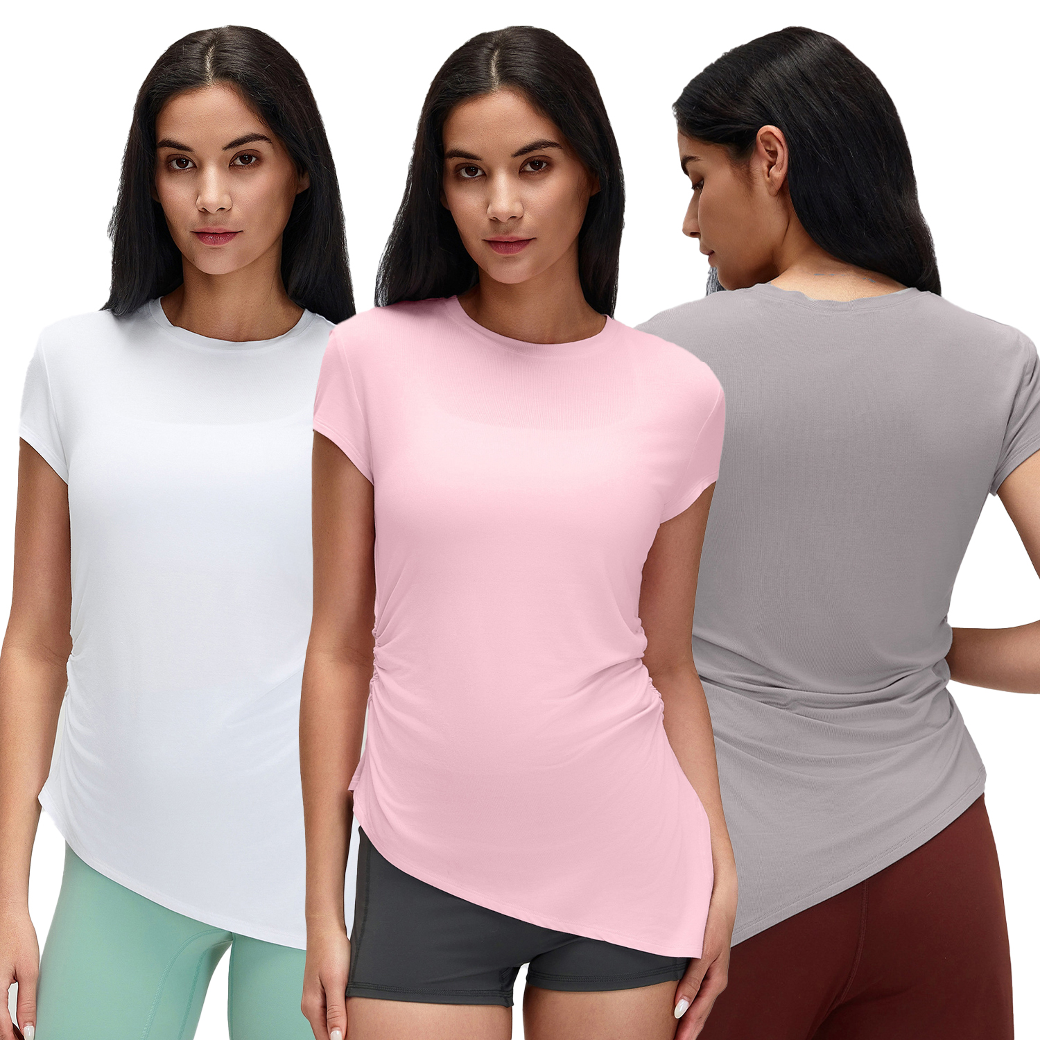 2026 Summer Women's Slim Fit Round Neck Solid Color Running Top Waist Pleated Breathable Quick Dry Yoga Short Sleeve T-Shirt