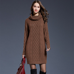 2023 Offre Spéciale automne hiver nouveau européen américain grande taille femmes robe tricotée longue col haut Simple a-ligne - Product Image 4