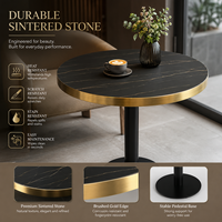 Ensemble de salle à manger moderne de luxe en pierre frittée, table ronde et chaises, finition dorée, mobilier commercial pour café