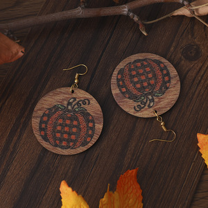 Pendientes de madera Acción de Gracias Vintage Gingham Calabaza Colgante redondo Pendientes de doble cara para mujer Uionen 1102 - Product Image 3