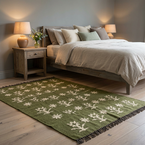 Handwoven Green Area <b>Rug</b> With White Floral Pattern Fringe Bohemian Style Living Room Carpet Rectangle Wool Acrylic Jute Backing - Product Image 6